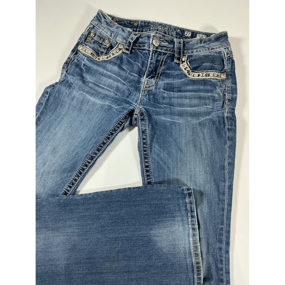 Miss Me Y2K Mid Rise Bootcut Jeans Geometric Bling Open Pocket Distressed 27